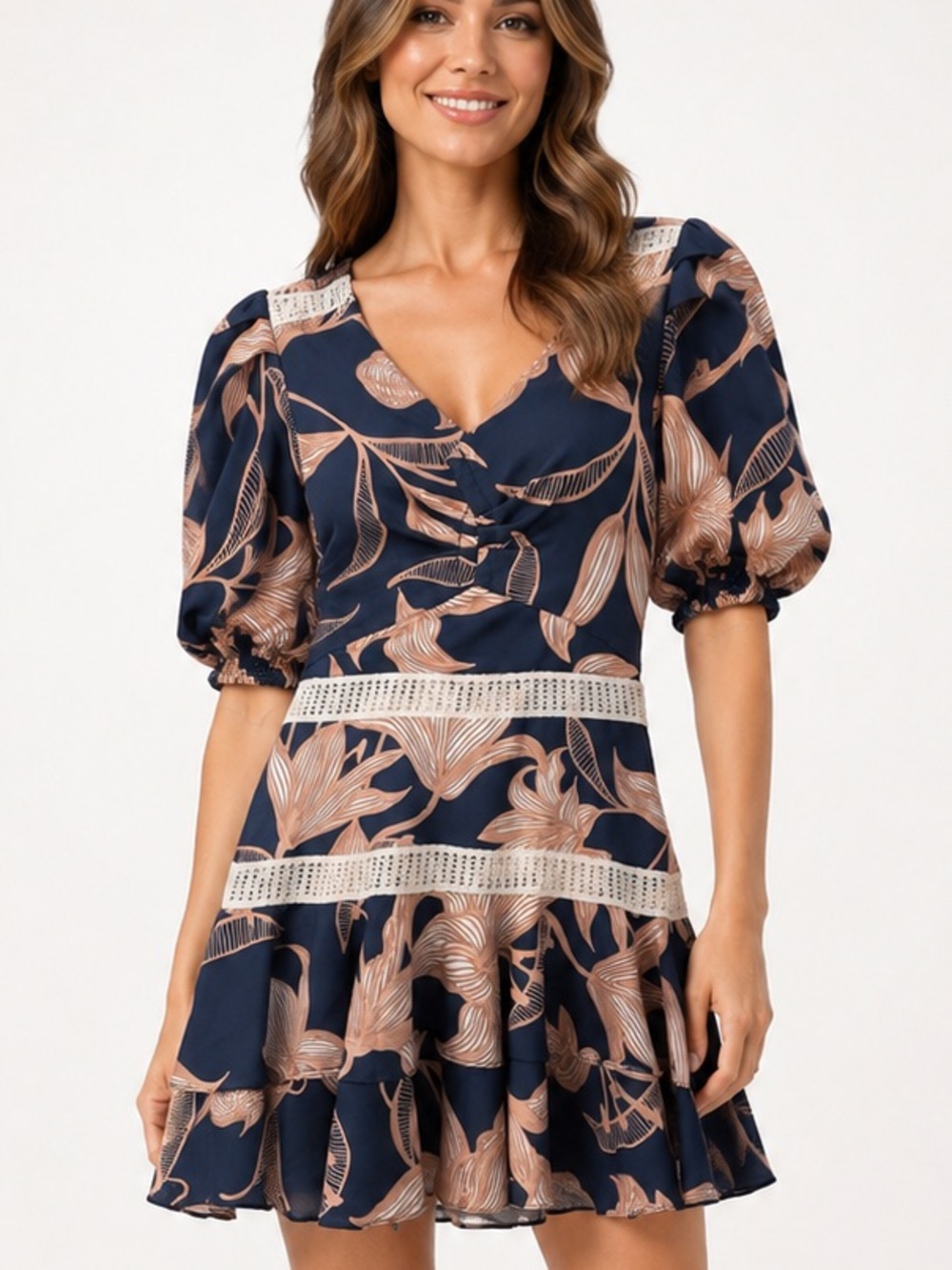 PatBO Stargazer Lace Trim Mini Dress Navy tan Floral size 6